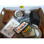 A box of sundries, the lot to include a silver and enamel dressing table clock (A.F.) and a silver