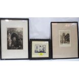 Three framed engravings, one of the Buttercross, Ludlow