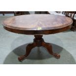 A Victorian mahogany snap-top supper table on tripod support. 47' diam