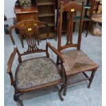 A mahogany line inlaid and marquetry elbow chair and an Arts and Crafts oak chair with rush seat