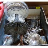 A box of platedware, Russian tea glasses etc.