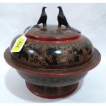 A Burmese red and black lacquer vessel, with figural and foliate decorated , the domed cover