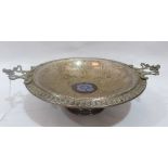 A continental plated tazza, the bowl with inset enamel roundal. 13¼' diam. over handles