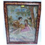 A needlework picture, boy and girl under an apple tree. 24' x 18'