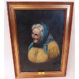 19TH CENTURY SCHOOL Portrait of an elderly lady wearing a blue headscarf. Indistinctly signed. Oil