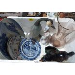 A box of ceramics and glass to include a Brannam Ware frog mug, Chinese plates, Royal Doulton