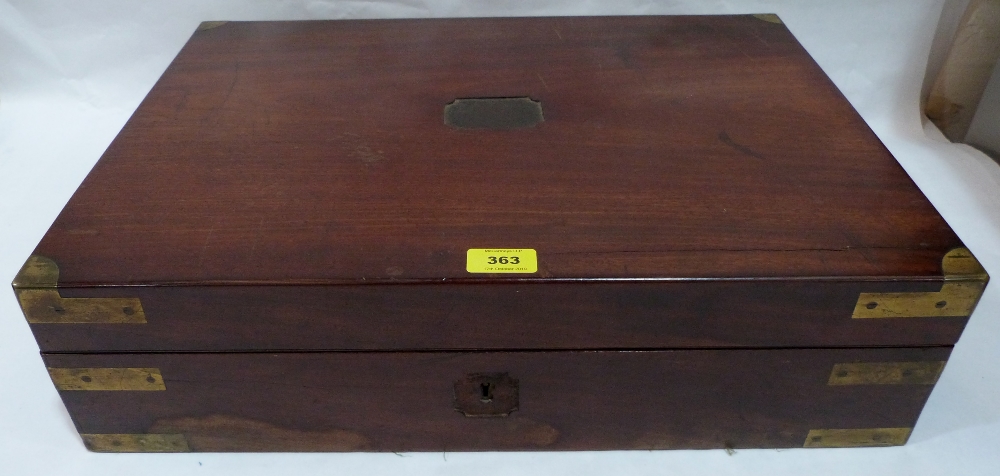 A 19th century mahogany and brass mounted writing box with military handles. 21' wide