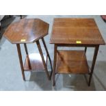 A walnut octagonal two tier occasional table and an oak example