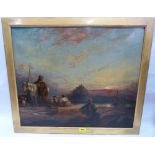 19th CENTURY SCHOOL A beach scene at evening with figures and a distant Mont St.Michel. Oil on