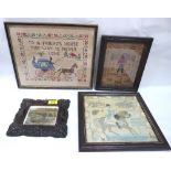 Two needlework pictures, a facsmile print of a needlework (Washington crossing the Delaware) and a