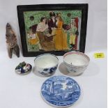 A 19th century ceramic plaque (A.F.); a blue and white child's plate, two tea bowls, a Worcester