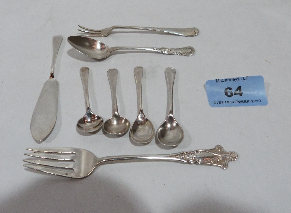 Four silver mustard or salt spoons, a silver coffee spoon, silver butter knife and two silver pickle