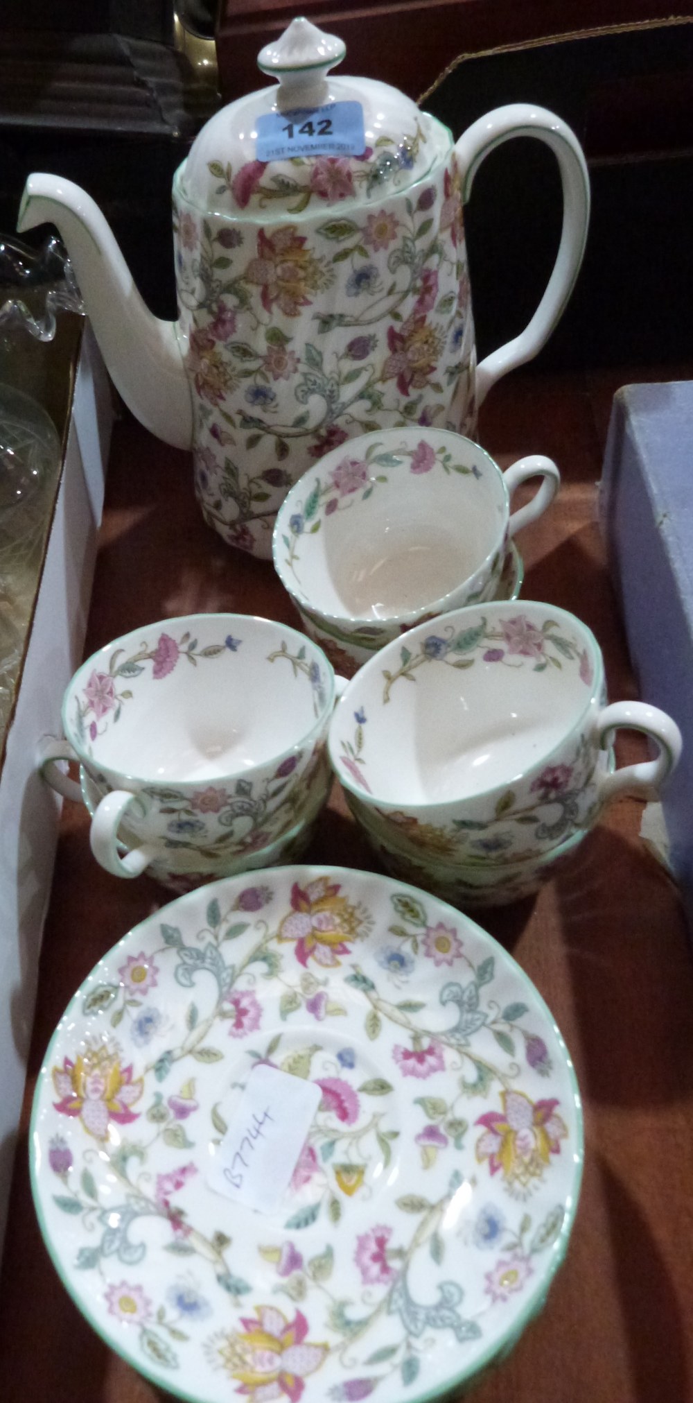 Minton Haddon Hall, coffee pot, six cups and six saucers