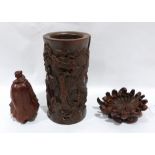 A Chinese carved boxwood brush pot, Bitong; together with boxwood carvings of a chrysanthemum and