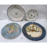 Two 19th century Faience plates and two studio pottery plates, one by Mary Wondrausch and one by An