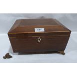 A Regency rosewood and strung sarcophagus box, with bone escutcheon, on gilt brass volute feet.