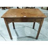 A George III mahogany inlaid and banded side table with frieze drawer, raised on blind fret carved