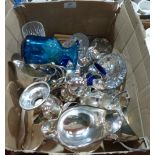 A box of platedware, cutlery and glassware