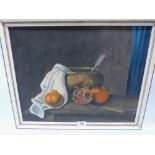 MARGARET BENTLEY. BRITISH 20TH CENTURY Still life of pomegranate with bowl. Signed and dated 1965.
