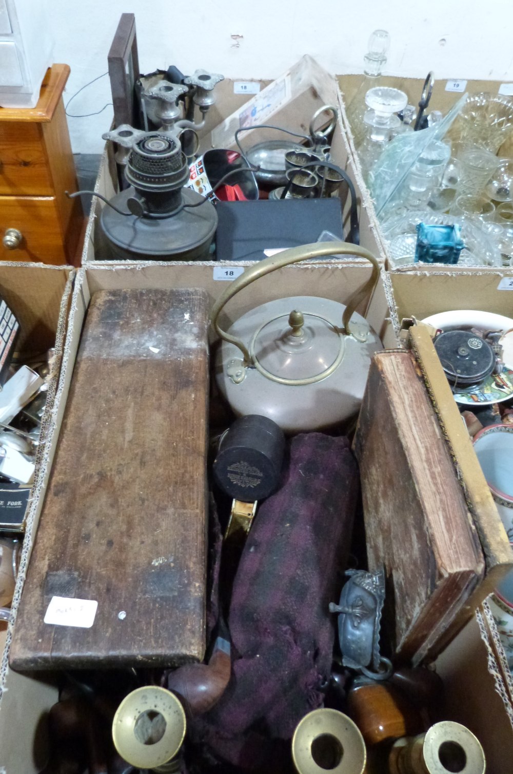 Two boxes of wood, metalware and sundries