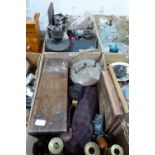 Two boxes of wood, metalware and sundries