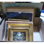 A box of pictures with a gilt framed mirror