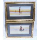 R. MONTAGUE. BRITISH 20th CENTURY Shipping in a calm. A pair. Signed. Watercolour. 7' x 14½'