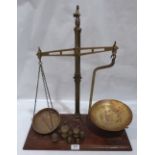 A pair of brass shop scales by G. Williamson + Co, Manchester. 24' high; the lot to include a