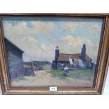 FRENCH BRABAZON SCHOOL (STYLE) 19TH CENTURY Cottage and figure on a windy day. Oil on patched