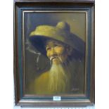 L.CHAN. CHINESE 20TH CENTURY An elderly chinaman smoking a pipe. Signed. Oil on board 17' x 12½'