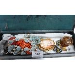 A box of jewellery and sundries, the lot to include a coral necklace and shell cameo brooch