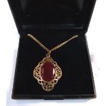 A 9ct filigree cornelian set pendant on necklet chain