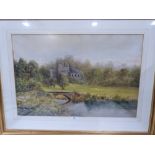 G.E. SHERIFF. BRITISH 20TH CENTURY Castle ruins in a landscape. Signed. Watercolour 19' x 29'