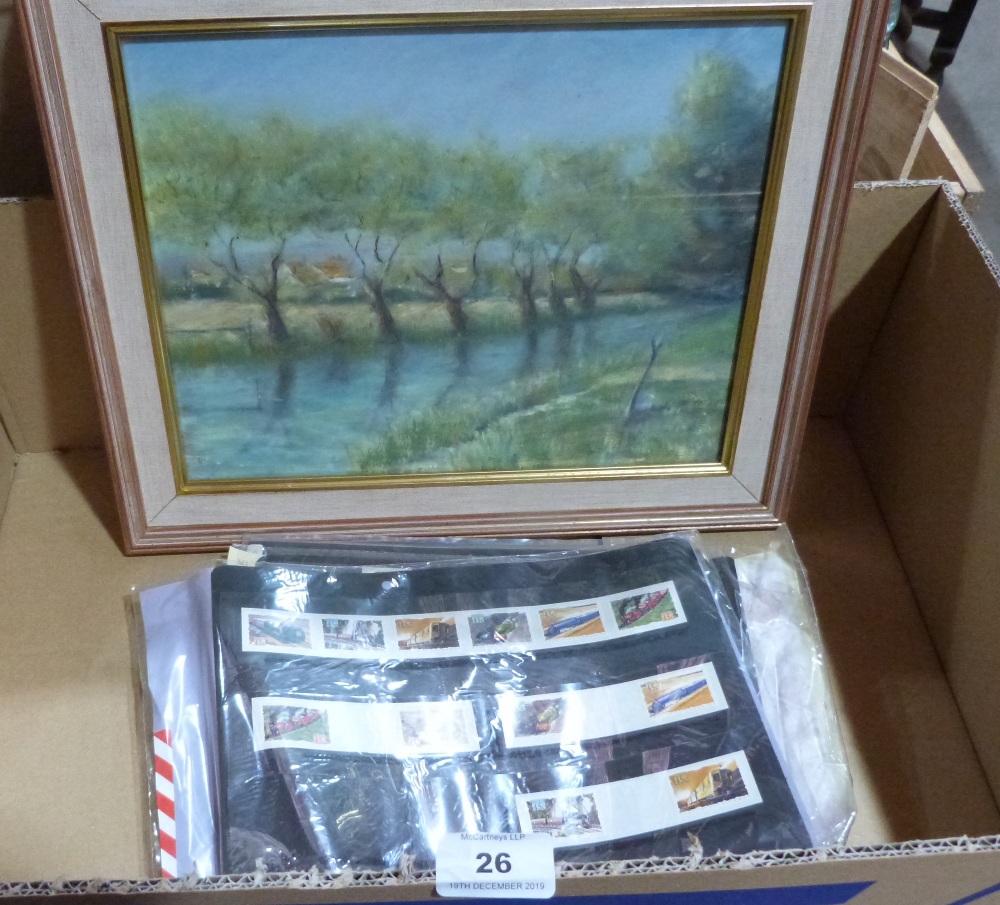 Two oil landscapes by Maria Cook and a quantity of stamps