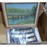 Two oil landscapes by Maria Cook and a quantity of stamps