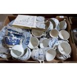 Two boxes of Woods blue and white ceramics
