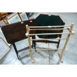 A folding card table, a folding occasional table and a pine towel rail