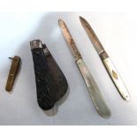 Two mother-of-pearl fruit knives with silver blades and two other knives