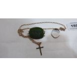 A green stone intaglio brooch, a 9ct signet ring (A.F.) and a yellow metal crucifix (Not marked)