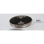 A 19th century tortoiseshell, mother-of-pearl and piquework oval box. 3¼' wide