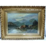BENJAMIN DAVIS. BRITISH 1869-1946 Highland landscape with cattle. Oil on canvas 16' x 24'