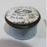 A George III Staffordshire enamel patch box, the lid with verse and depiction of country house,