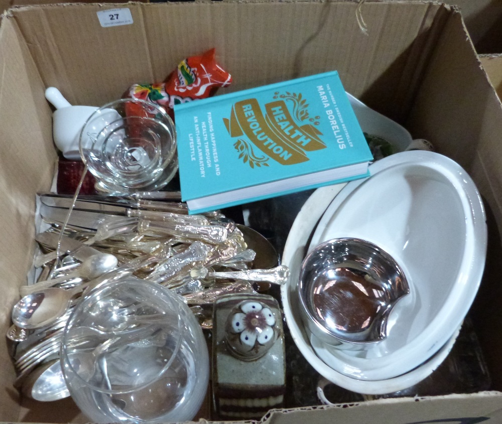 A box of glassware, plated cutlery and sundries