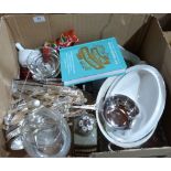 A box of glassware, plated cutlery and sundries