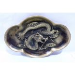 A Chinese bronze quatrefoil dish, cast with a dragon in high relief. 6 figure character mark to