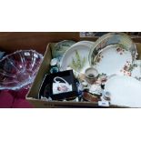 A box of decorative ceramics and a heavy glass fruit bowl