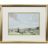 SHEEP GRAZING BY A RIVER, A WATERCOLOUR BY TOM CAMPBELL