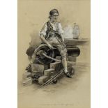 SEATED ASTRIDE UPON ONE OF THE AFTEN GUNS, A GOUACHE BY WARWICK GOBLE