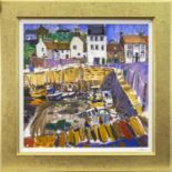 HARBOUR SCENE, A COLOUR PRINT ON CANVAS BY GLEN SCOULLAR