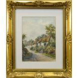 THREE COTTAGES ON A COUNTRY LANE, A WATERCOLOUR BY JAMES DOUGLAS